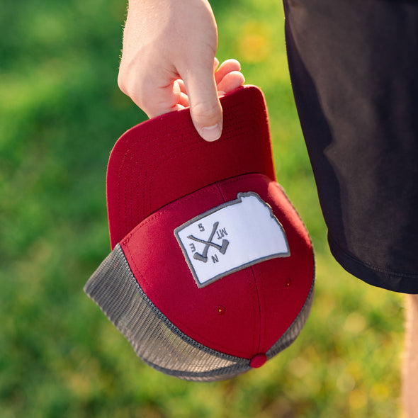 Crossed Axes Snapback in Burgundy/Dark Grey