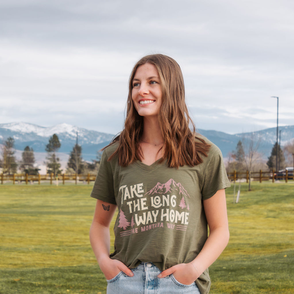 Long Way Home V-Neck Slub Tee in Army