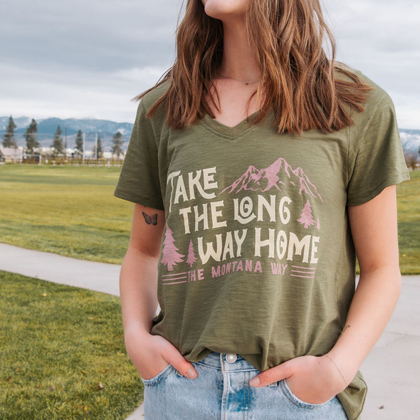 Long Way Home V-Neck Slub Tee in Army