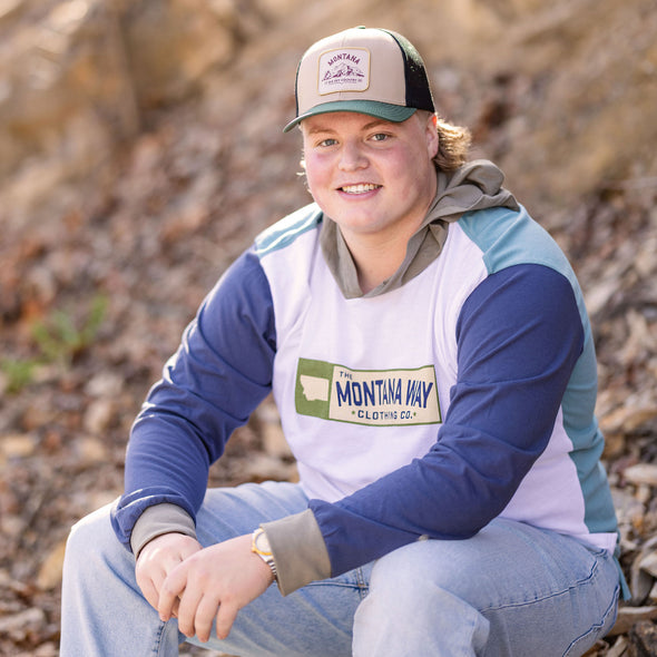 Est. MMXIV Hooded Colorblock Long Sleeve in White/Navy/Green
